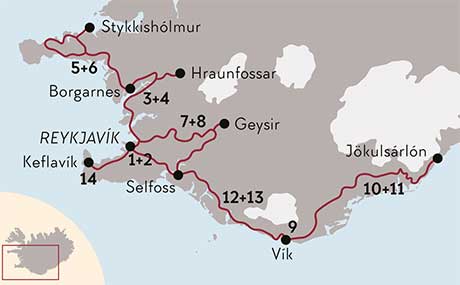 Karte zur Mietwagenrundreise Flitterwochen in Island