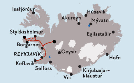 Karte zur Gruppen-Fotoreise auf Island in der Region Snaefellsnes. Karte zur Gruppen-Fotoreise auf Island in der Region Snaefellsnes.