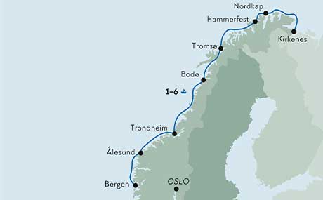 Karte zur Schiffsreise Entlang der Küste Richtung Norden