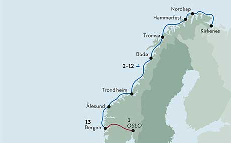Karte zur Schiffsreise Klassische Rundreise mit Oslo und Bergen Karte zur Schiffsreise Klassische Rundreise mit Oslo und Bergen