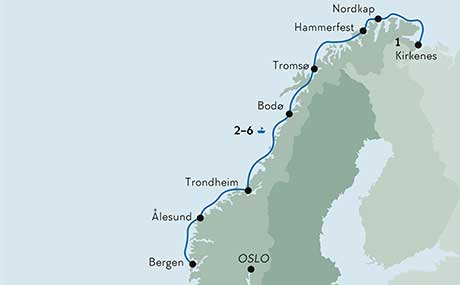 Karte zur Schiffsreise Unterwegs in südlicher Richtung