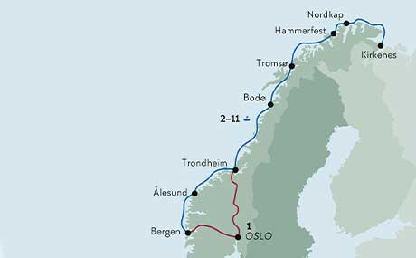 Karte zur Schiffsreise Höhepunkte Entlang Norwegens Küste