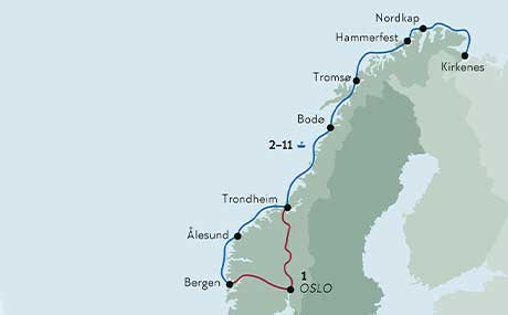 Karte zur Schiffsreise Höhepunkte Entlang Norwegens Küste Karte zur Schiffsreise Höhepunkte Entlang Norwegens Küste