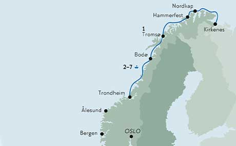 Karte zur Schiffsreise Norwegen unter Nordlichtern