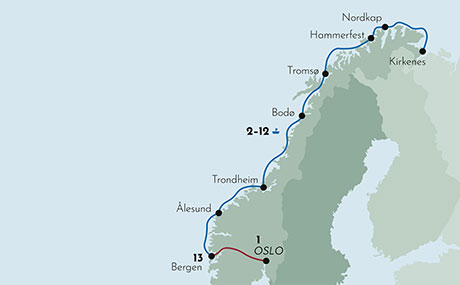 Karte zur Schiffsreise Klassische Rundreise mit Oslo und Bergen Karte zur Schiffsreise Klassische Rundreise mit Oslo und Bergen