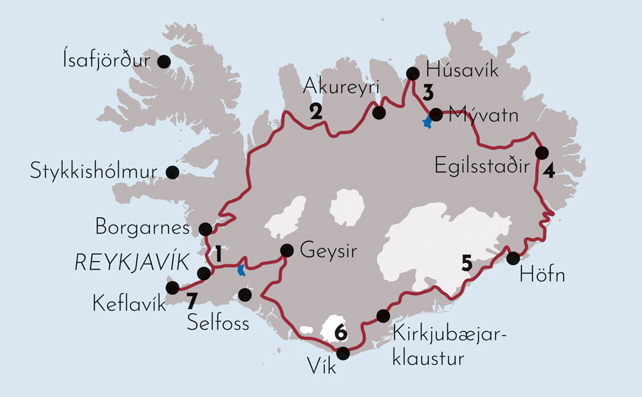 Karte zur Mietwagenrundreise Island in acht Tagen