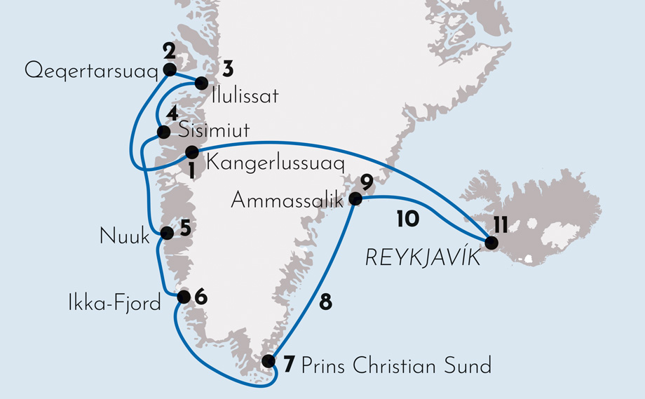 Karte zur Schiffsreise Island und Naturwunder Grönlands