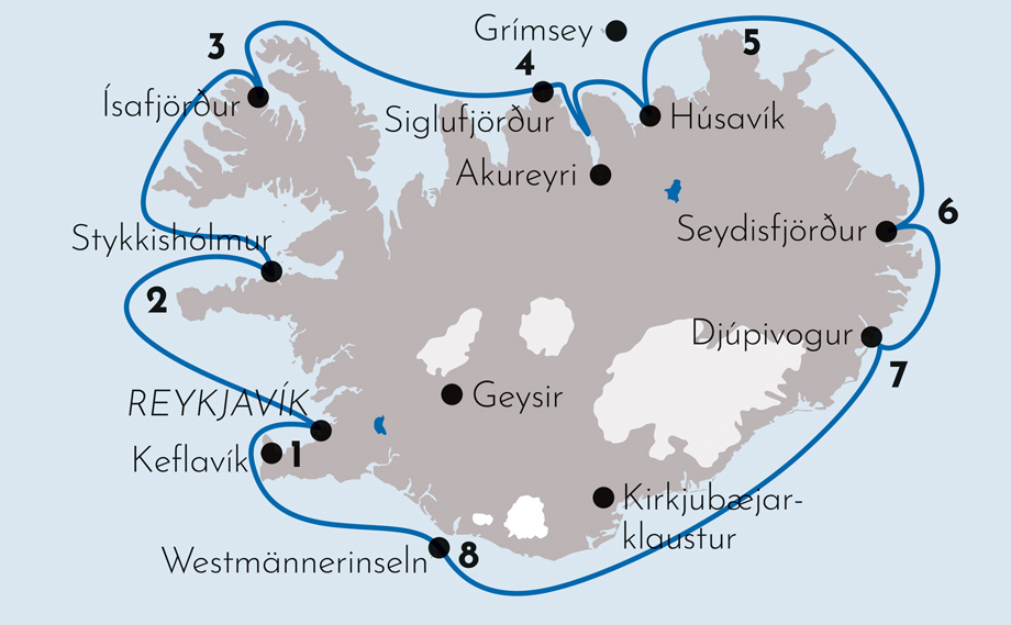 Karte Schiffsreise Island Umrundung