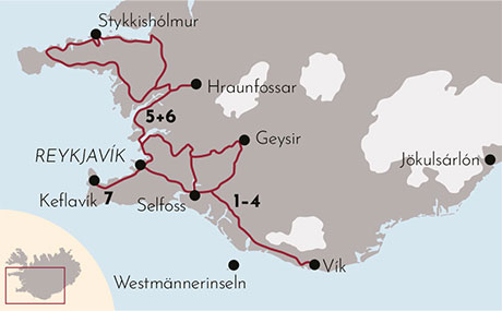 Karte zu den Winterferien Heisse Quellen & Wasserfälle in Island