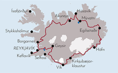 Karte zur Mietwagenrundreise Island in zehn Tagen