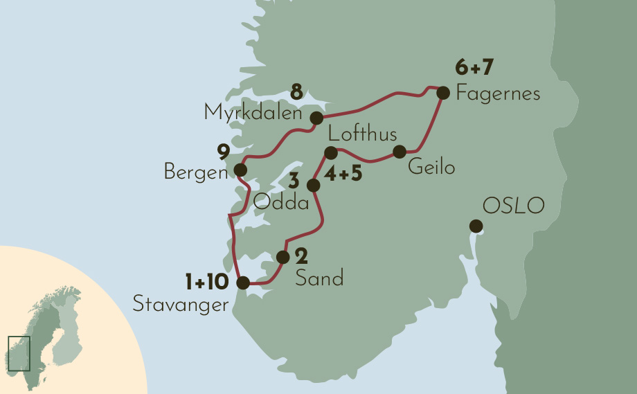 Karte zur Mietwagenrundreise Wanderhighlights am Fjord in Norwegen