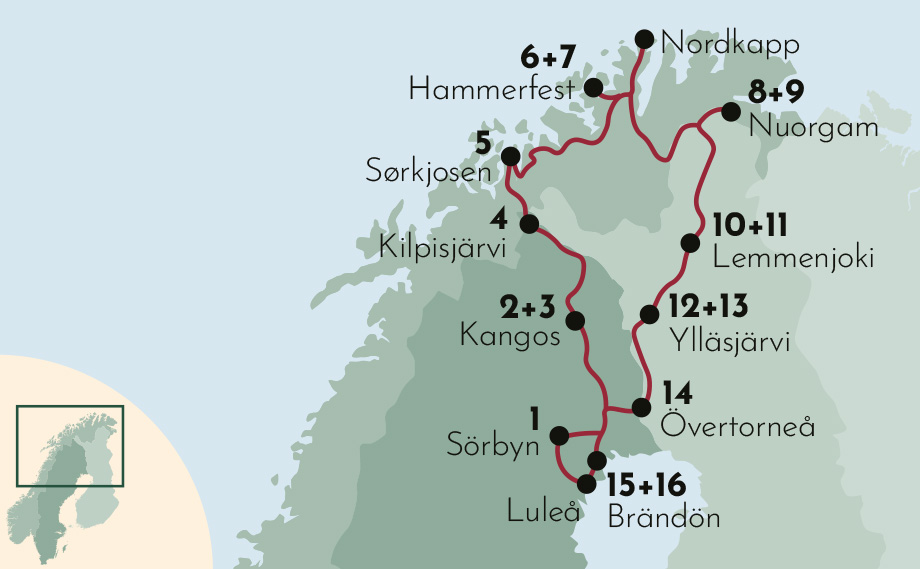 Karte zur Mietwagenrundreise Unbekanntes Lappland.