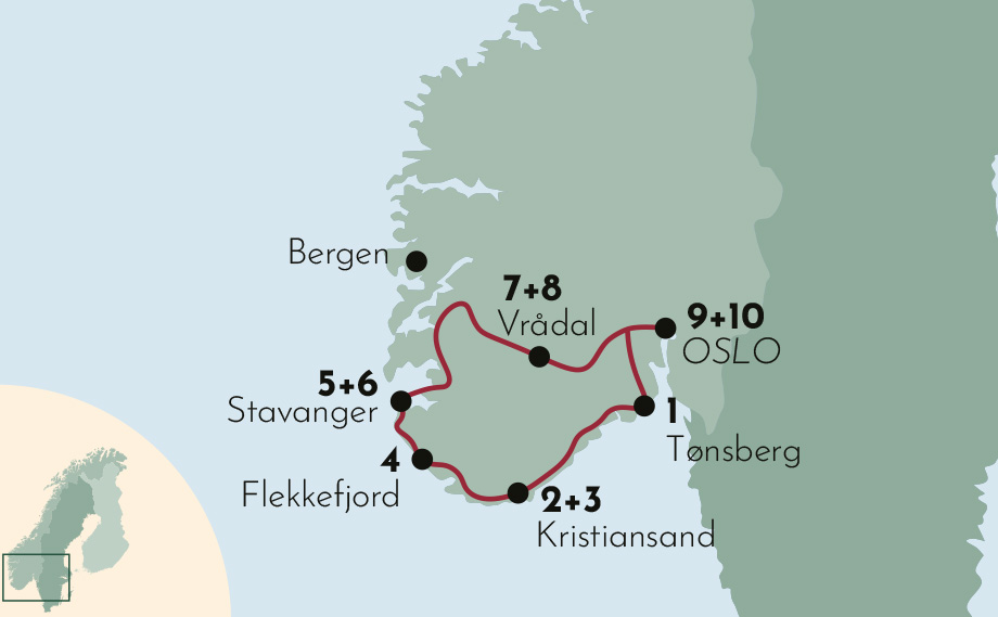 Karte zur Mietwagenrundreise Perlen Südnorwegens. Karte zur Mietwagenrundreise Perlen Südnorwegens.