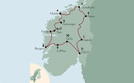Karte zur Mietwagenrundreise Schönes Land - Rund um Südnorwegen