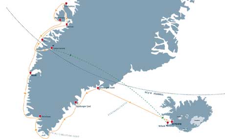 Karte zur Schiffsreise Island und Naturwunder Grönlands