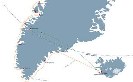Karte zur Schiffsreise Island und Naturwunder Grönlands Karte zur Schiffsreise Island und Naturwunder Grönlands