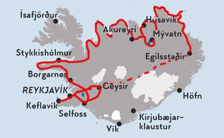 Karte zur Mietwagenrundreise Arktische Küstenroute in Island