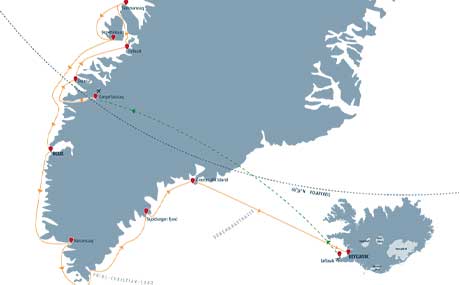 Karte zur Schiffsreise Naturwunder Grönlands und Island
