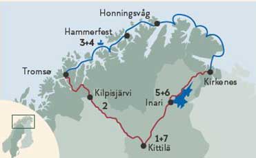 Karte zur Winter-Mietwagenreise Lappland und Nordkap erleben