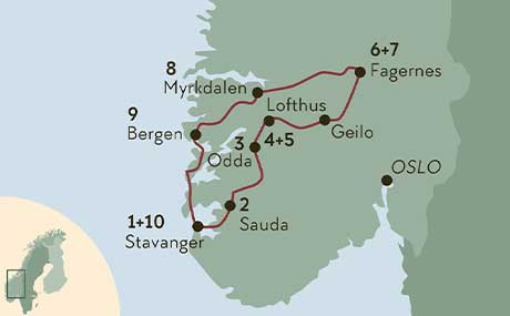 Karte zur Mietwagenrundreise Wanderhighlights am Fjord in Norwegen