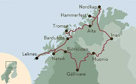 Karte zur Mietwagenrundreise Wandern über dem Polarkreis