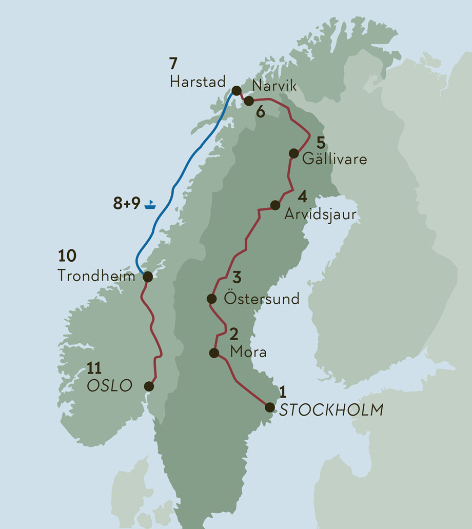 Karte zur Reise Inlandsbahn und Hurtigruten
