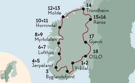 Karte zur Mietwagenrundreise in Norwegen mit Fjell, Fjord und Gletscher