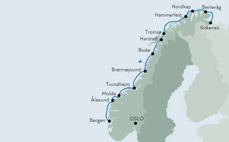 Karte zur Schiffsreise Norwegen mit Hurtigruten