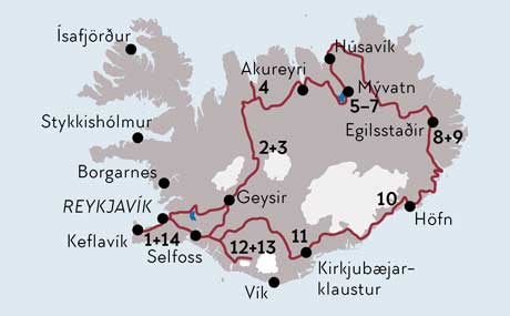 Karte zur Mietwagenrundreise Island für Wanderer