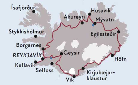 Karte zur Mietwagenrundreise Island in acht Tagen