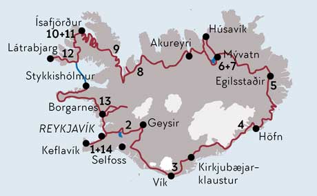 Karte zur Mietwagenrundreise Island komplett Karte zur Mietwagenrundreise Island komplett