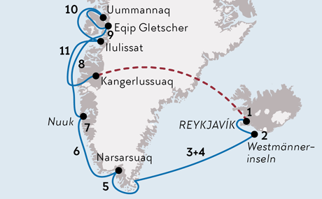 Karte Schiffsreise Island und Naturwunder Grönlands