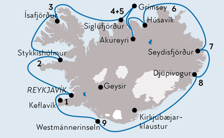 Karte Schiffsreise Island Umrundung