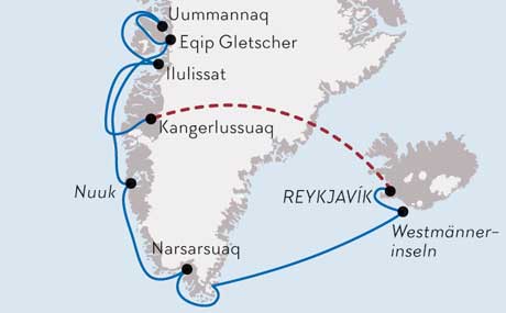 Karte Schiffsreise Naturwunder Grönlands und Island 2018