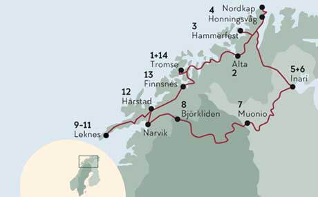 Karte zur Mietwagenreise Nordkap, Lappland und Lofoten
