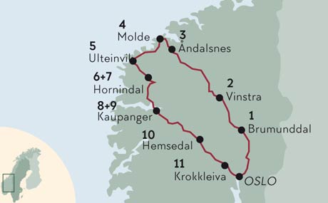 Karte zur Mietwagenrundreise Umweltfreundlich durch Fjordnorwegen