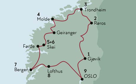 Karte zur Mietwagenrundreise Schönes Land - Rund um Südnorwegen