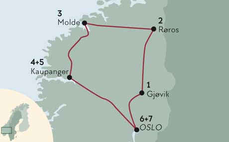 Karte zur Mietwagenrundreise Stadt, Land, Fjord - Norwegen kompakt