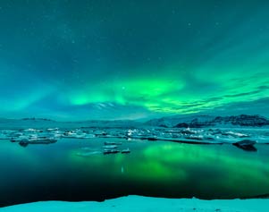 Polarlichter über der Gletscherlagune. (Foto Freiraum Fotografie)