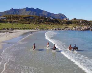 Pferde und Reiter bei einem Ausritt auf den Lofoten